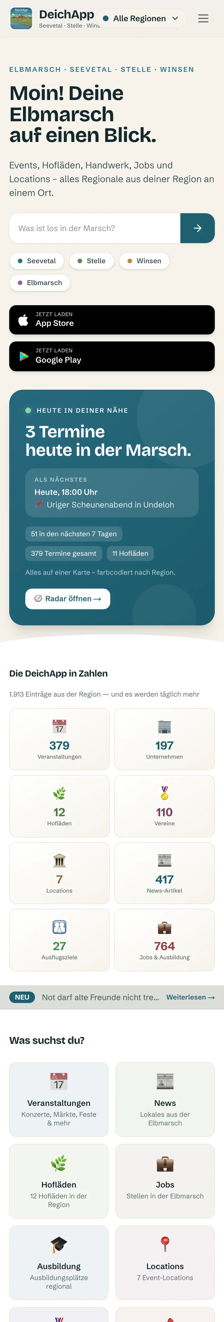 DeichApp: Startseite mit Terminen in der Nähe