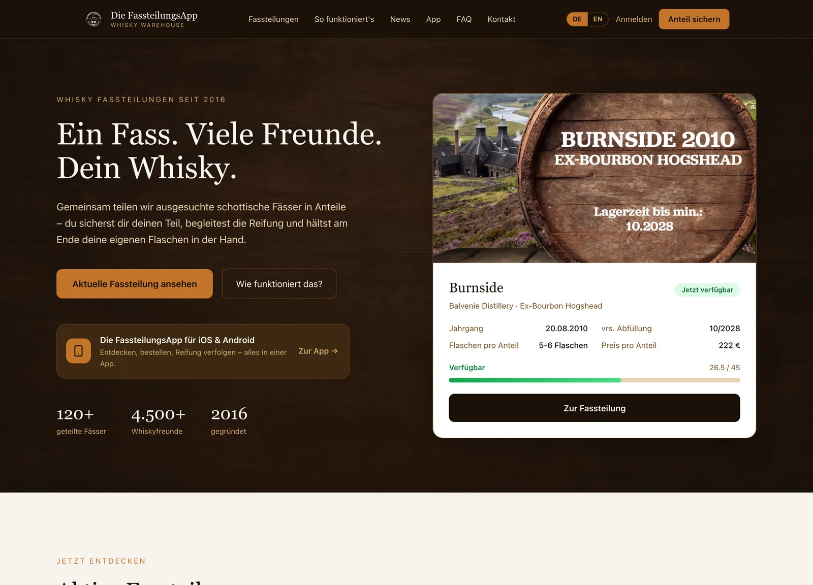 Fassteilungs-Plattform im Browser: aktive Fassteilungen mit Verfügbarkeit und Preisen