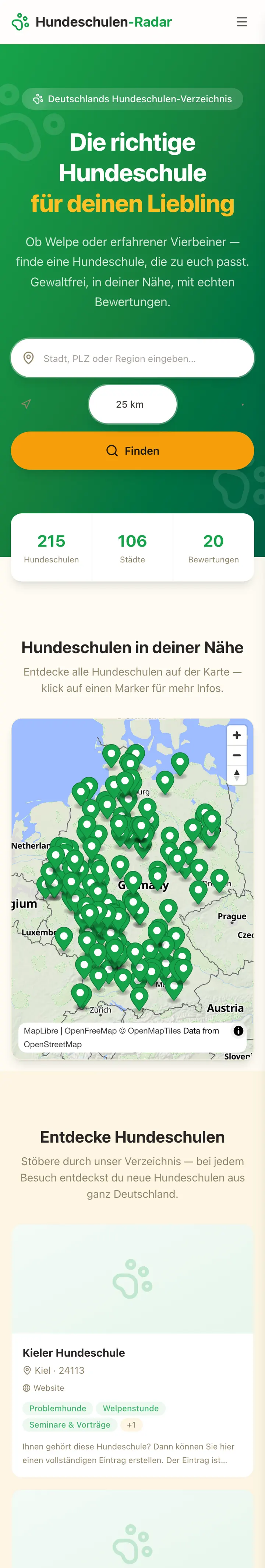 Hundeschulen-Radar: bundesweites Verzeichnis mit Geo-Suche