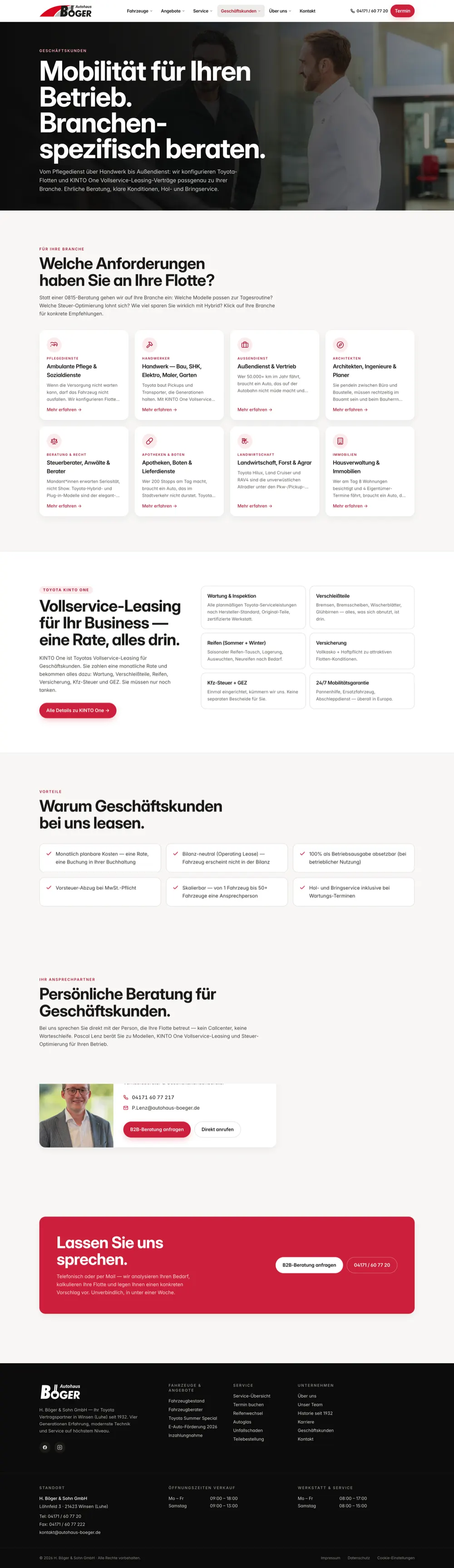 Komplette Geschäftskunden-Seite von Autohaus Böger zum KINTO-One-Leasing