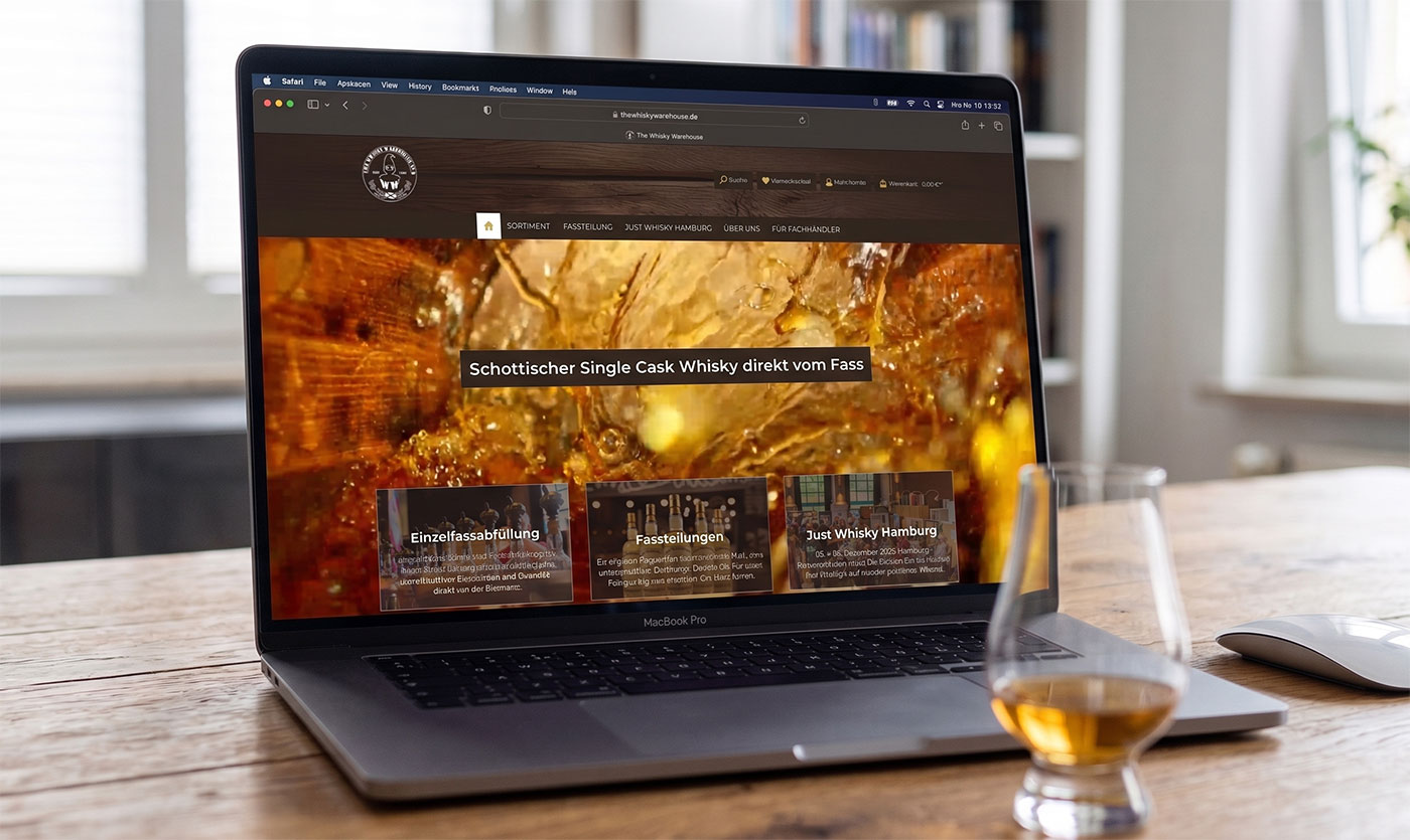 Shopware-6-Shop von Whisky Warehouse No. 8 mit Hero „Schottischer Single Cask Whisky direkt vom Fass